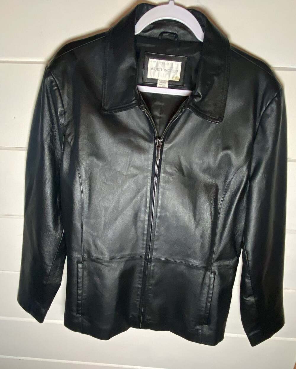 Worthington Black Genuine Leather Full Zip Jacket Large